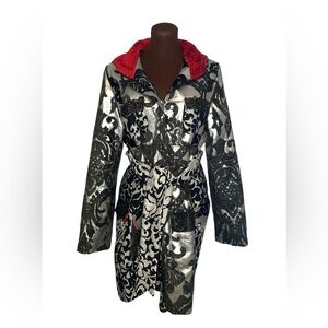 DESIGUAL Black & Silver Metallic Zip Front Hooded Coat with Red Accent Belt XL